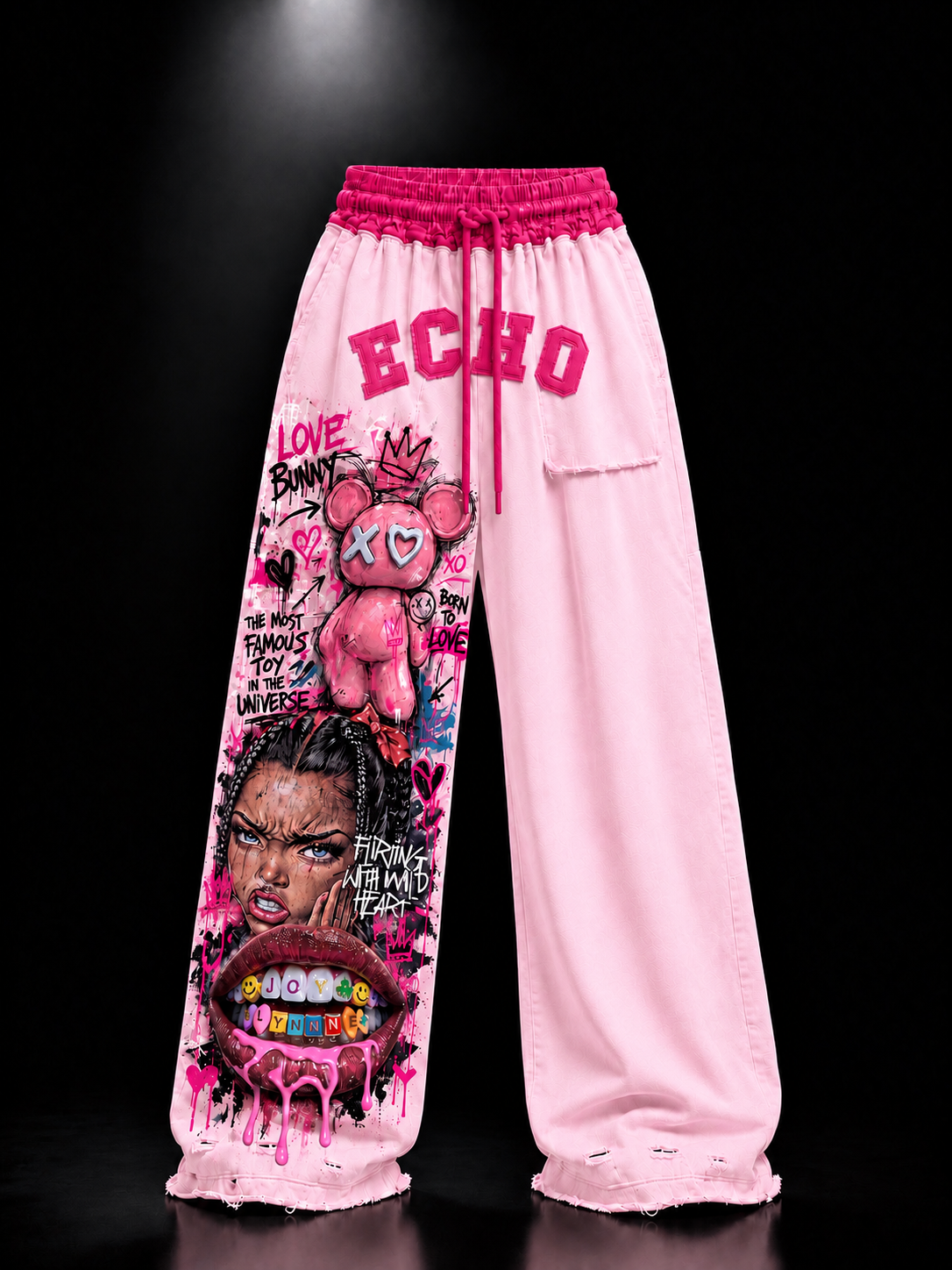 ECHOTICKS Pink Streetwear Graphic Print Statement Pants