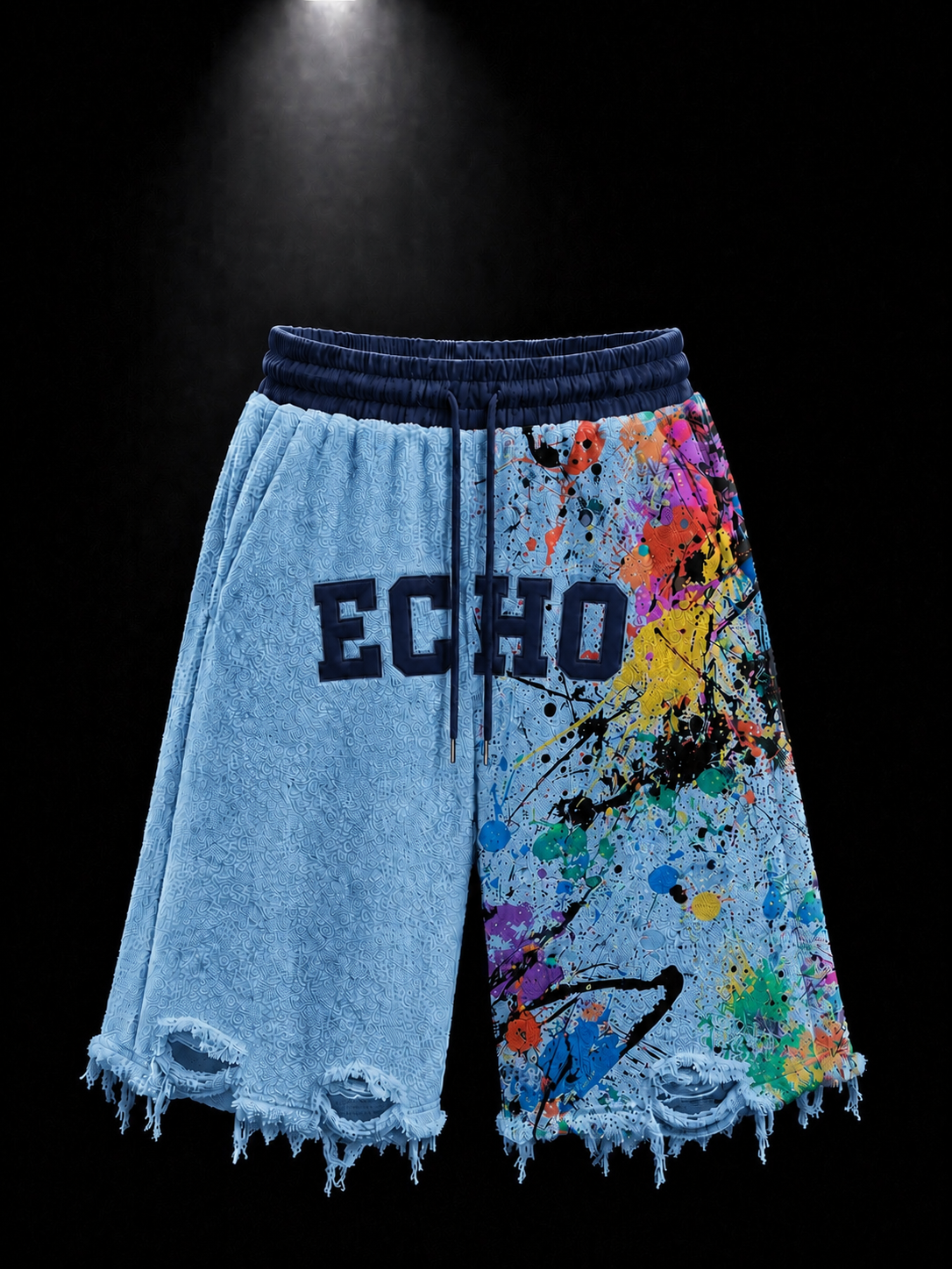 ECHOTICKS Blue Paint Splatter Distressed Shorts