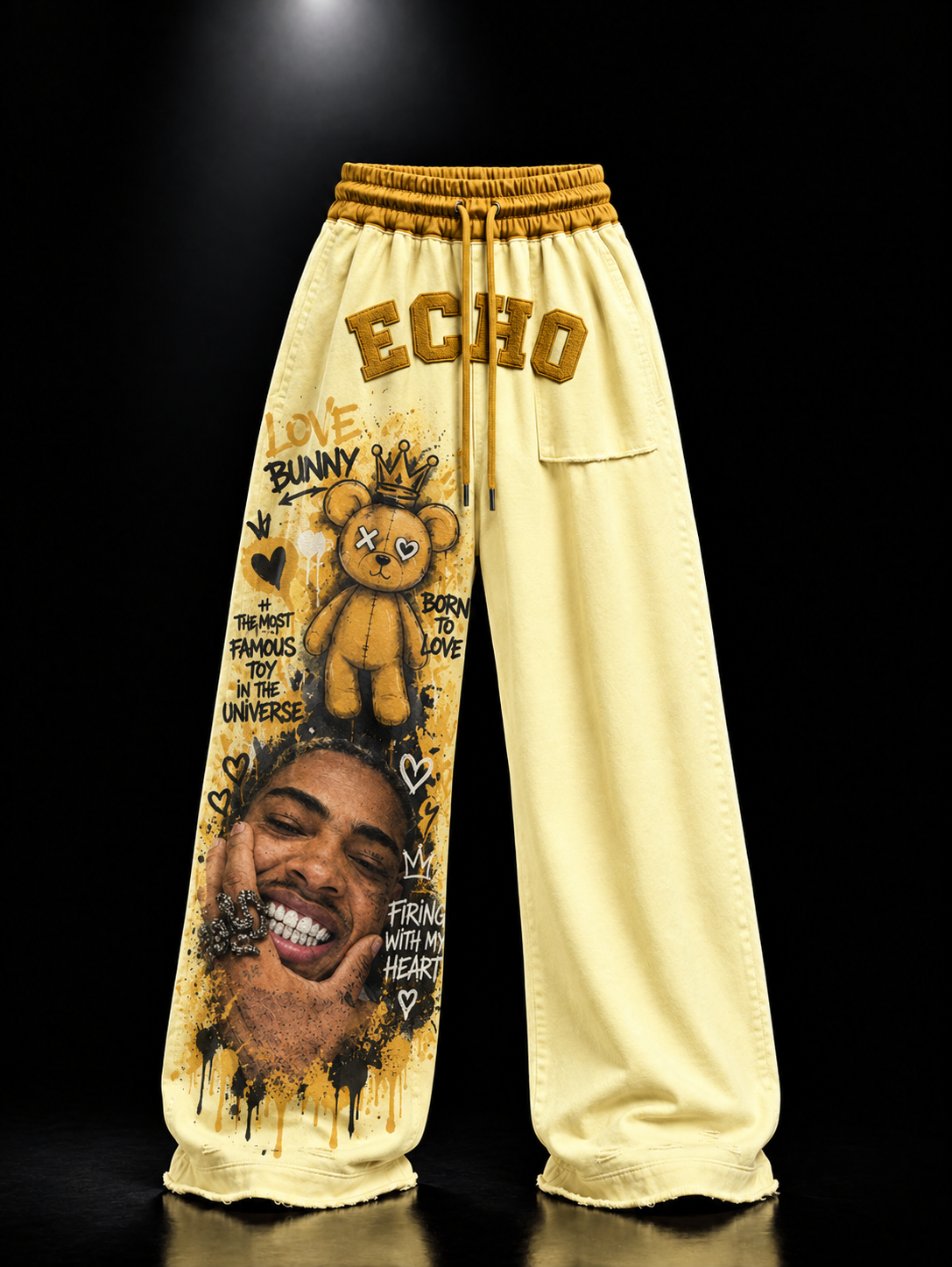 ECHOTICKS Yellow Streetwear Graphic Print Statement Pants