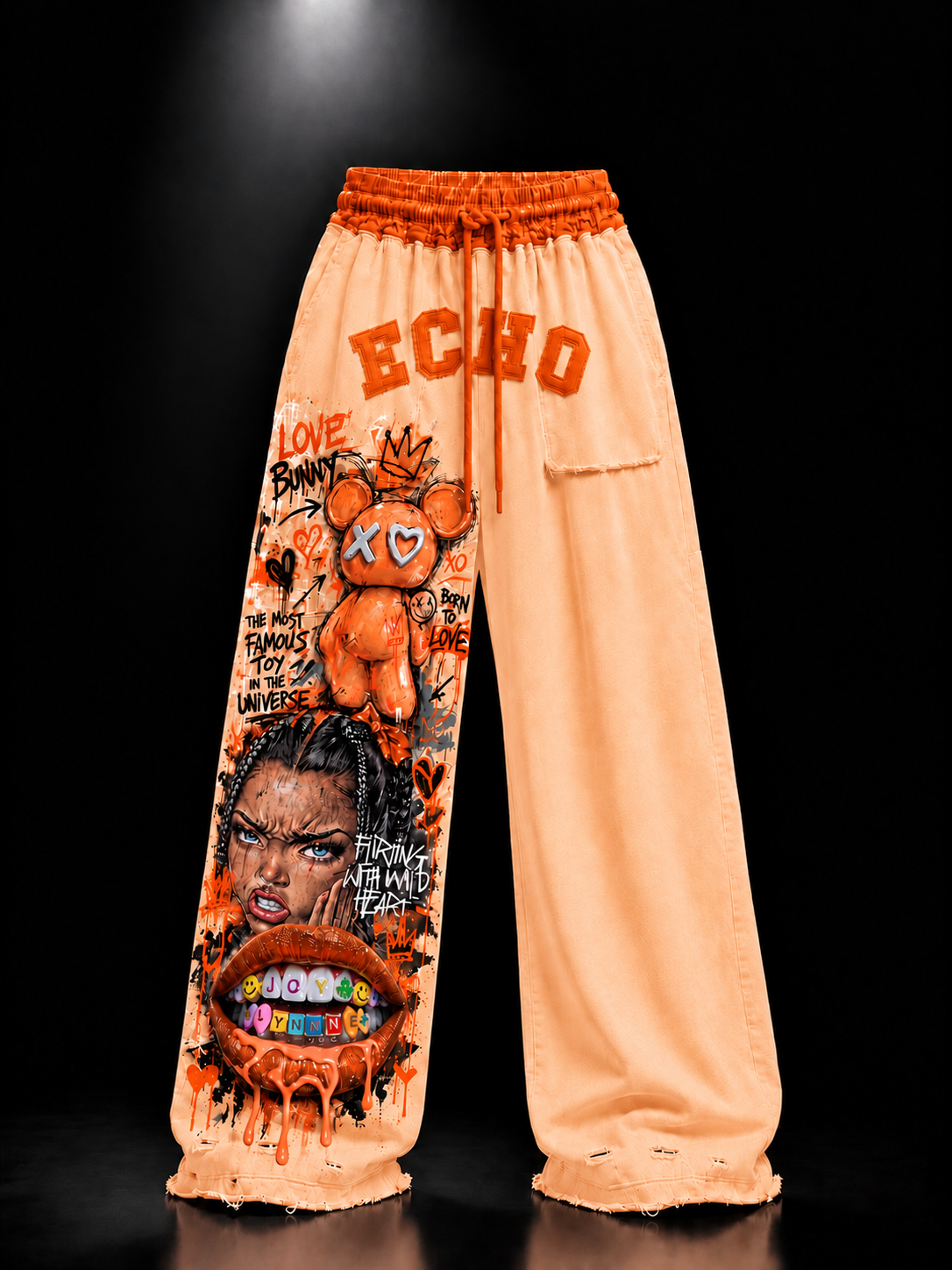 ECHOTICKS Orange Streetwear Graphic Print Statement Pants