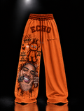 ECHOTICKS Dark Orange Streetwear Graphic Print Statement Pants
