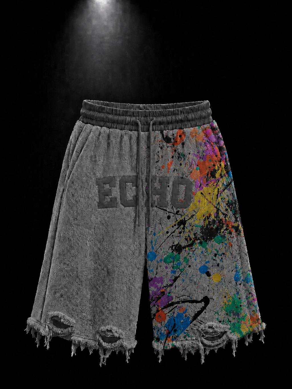 ECHOTICKS Grey Paint Splatter Distressed Shorts