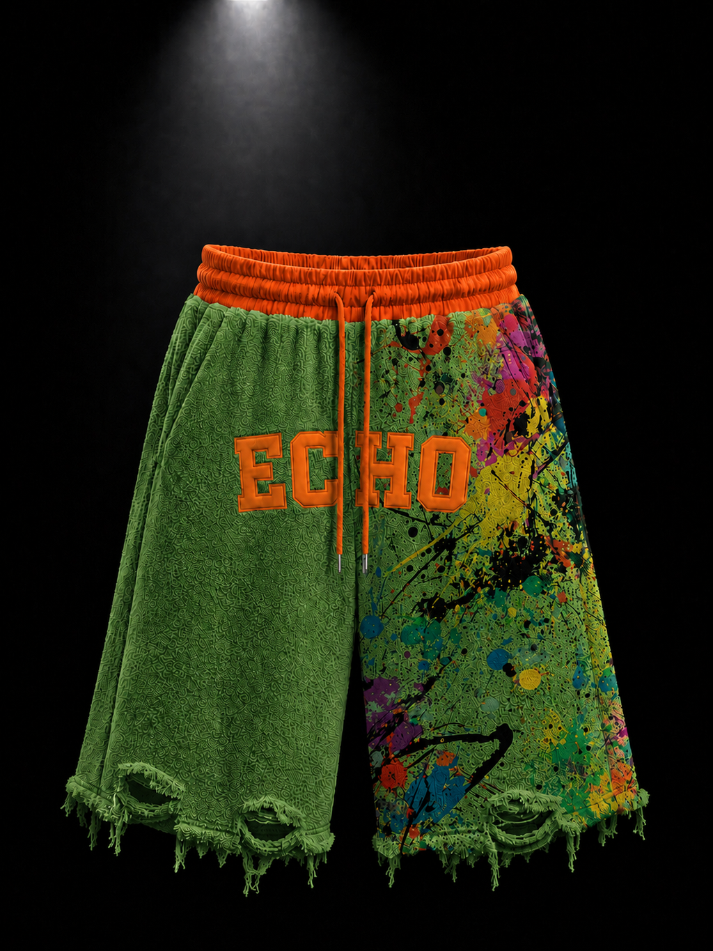 ECHOTICKS Orange Paint Splatter Distressed Shorts
