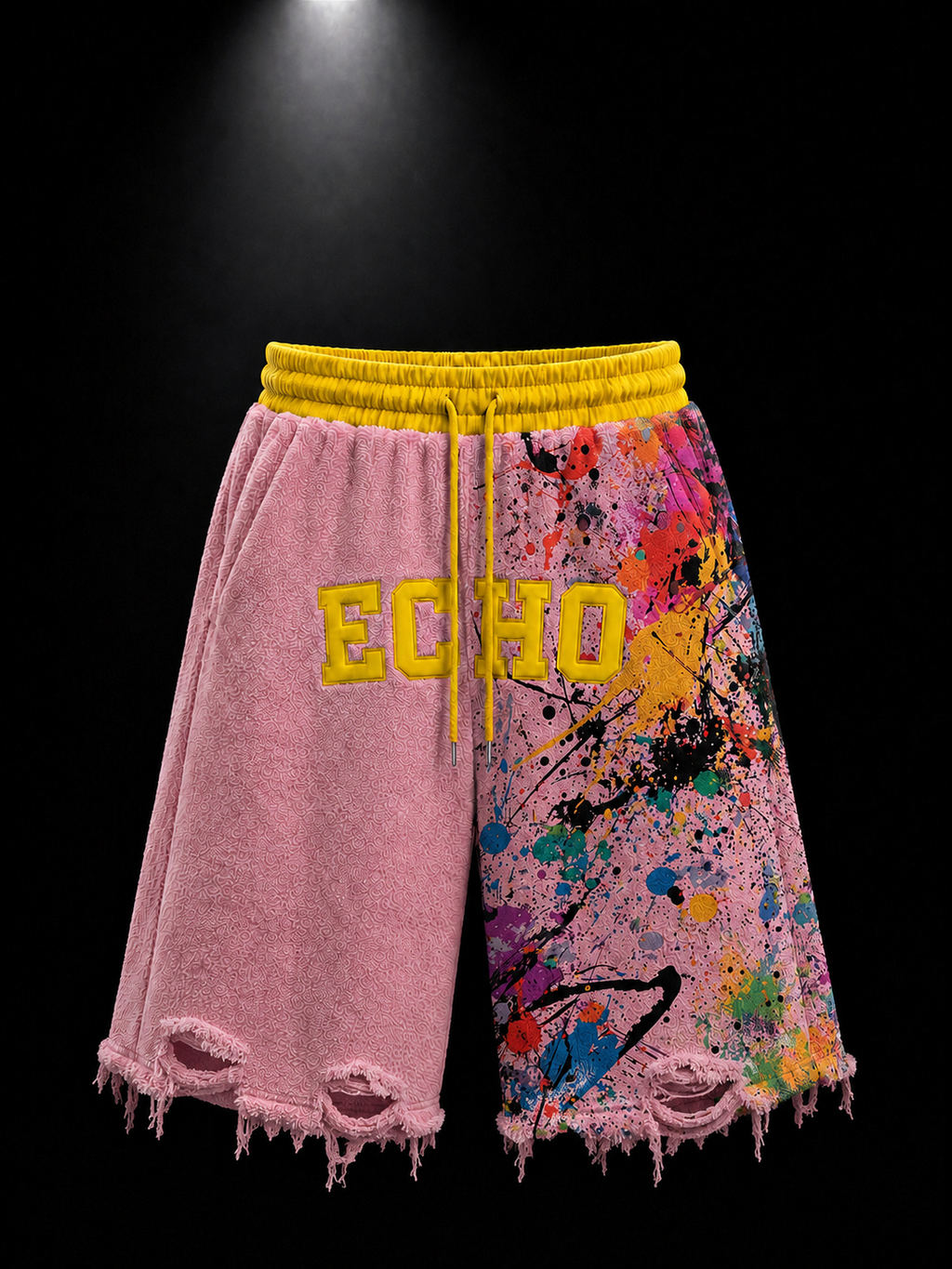 ECHOTICKS Yellow Paint Splatter Distressed Shorts