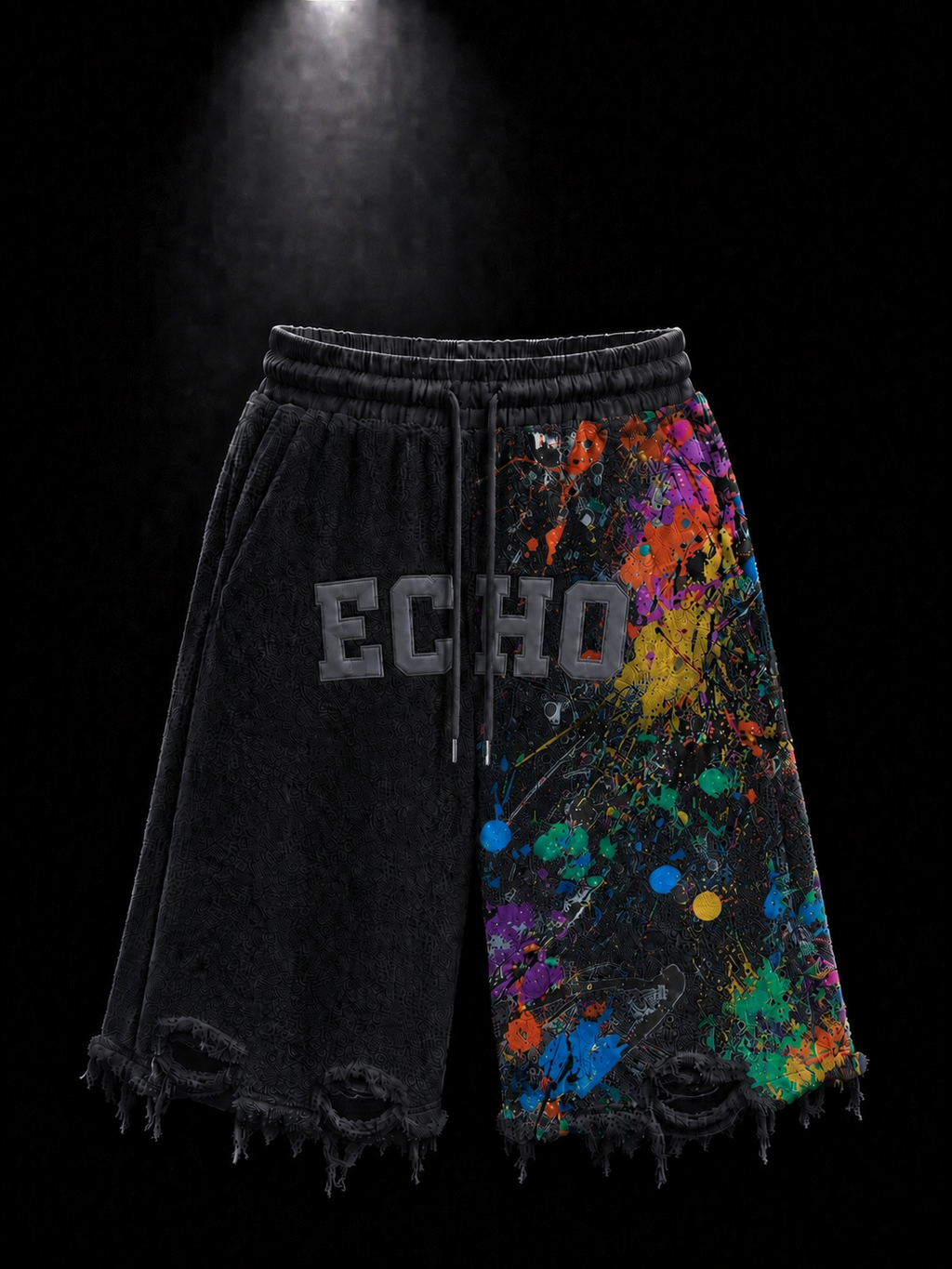 ECHOTICKS Dark Black Paint Splatter Distressed Shorts