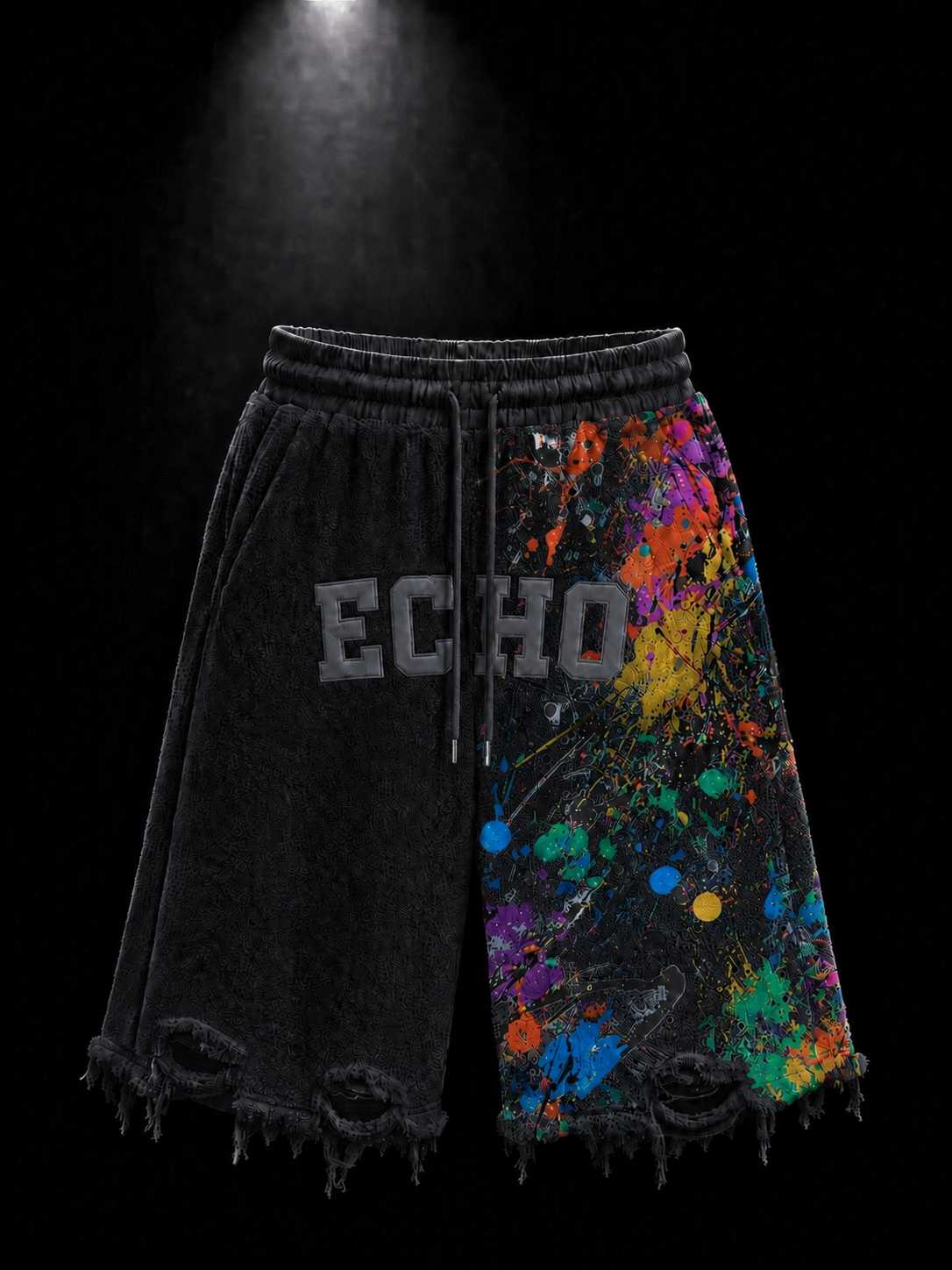 ECHOTICKS Dark Black Paint Splatter Distressed Shorts