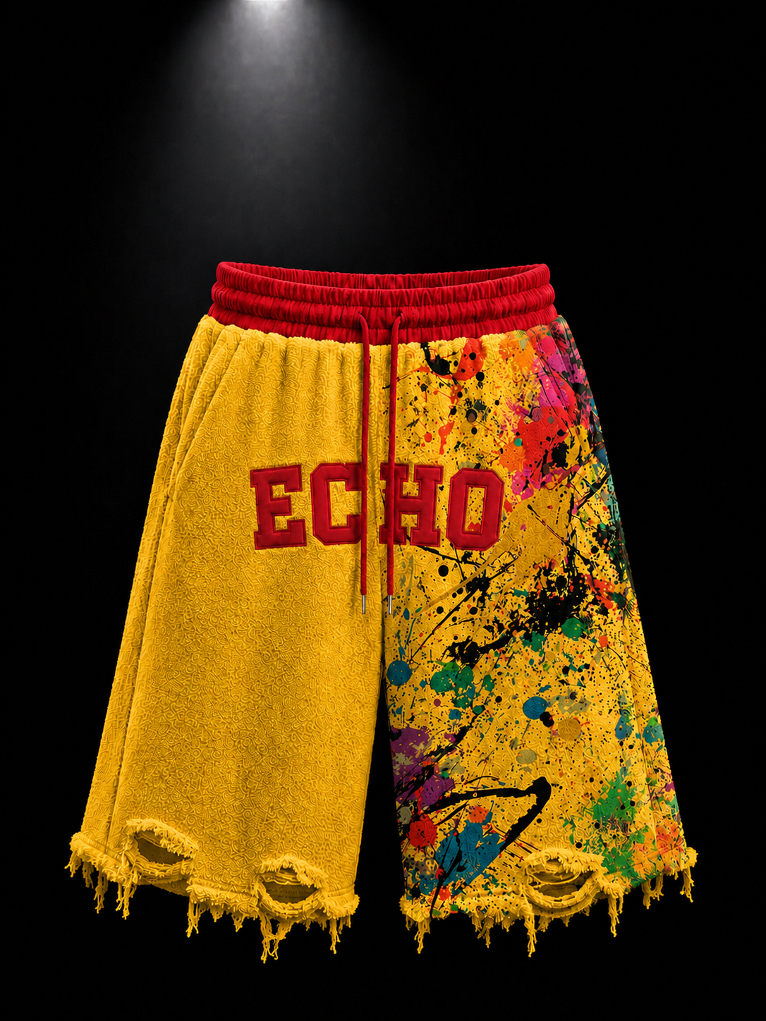 ECHOTICKS Red Paint Splatter Distressed Shorts