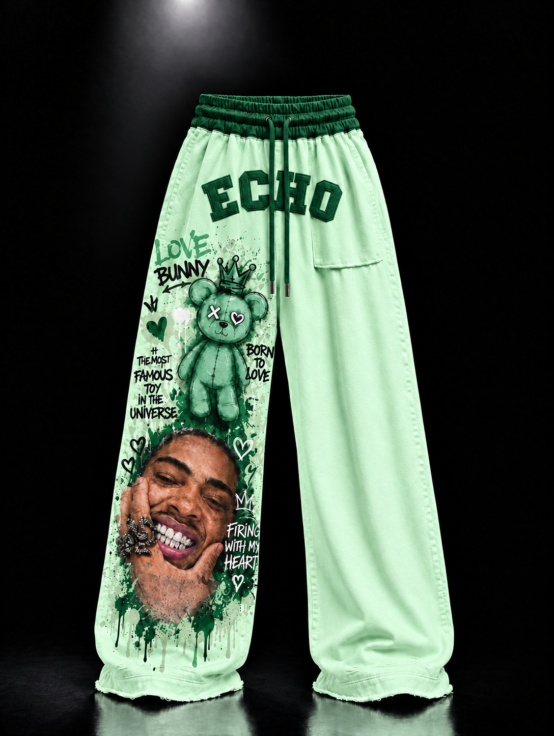 ECHOTICKS Green Streetwear Graphic Print Statement Pants