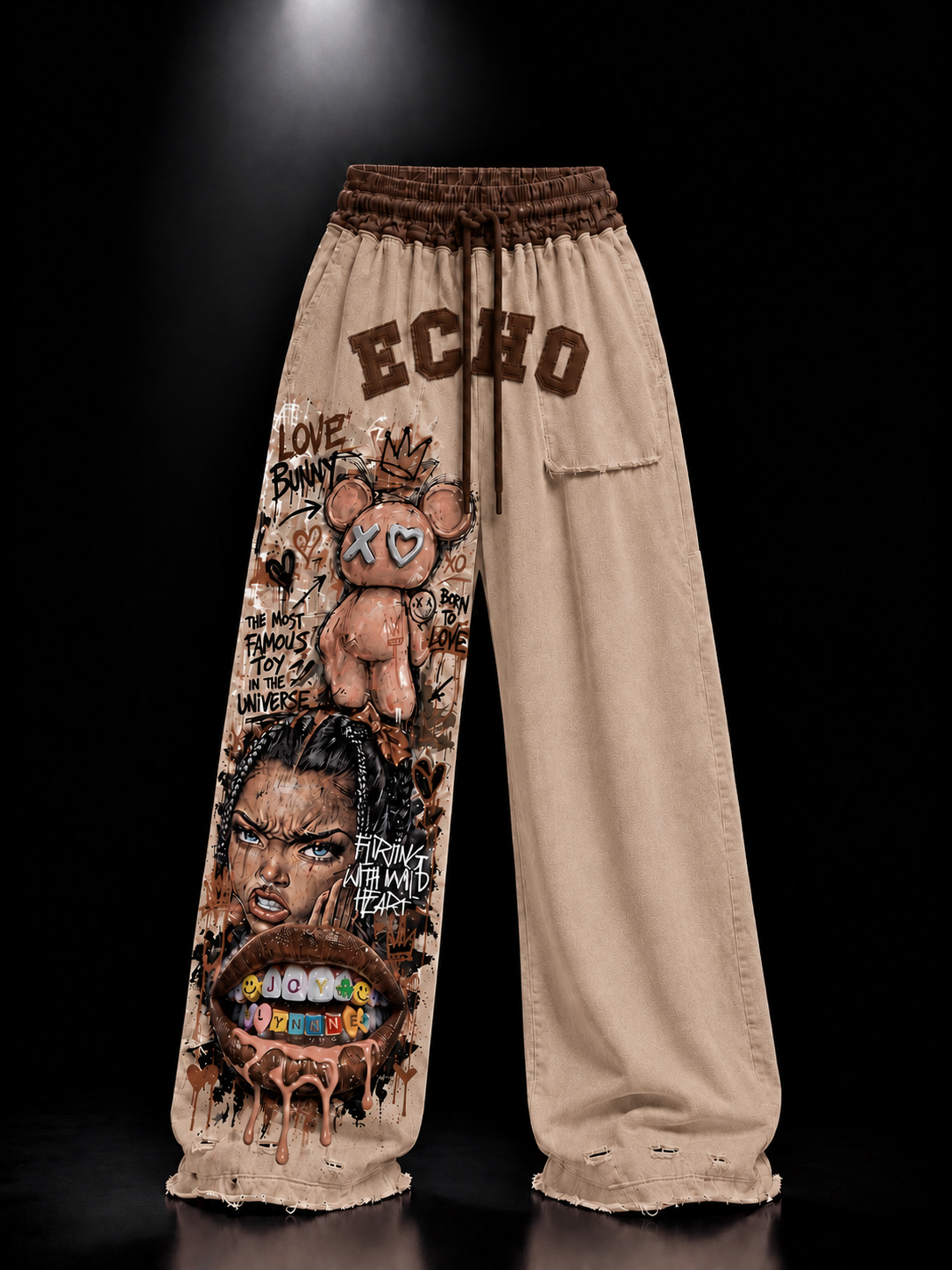 ECHOTICKS Brown Streetwear Graphic Print Statement Pants