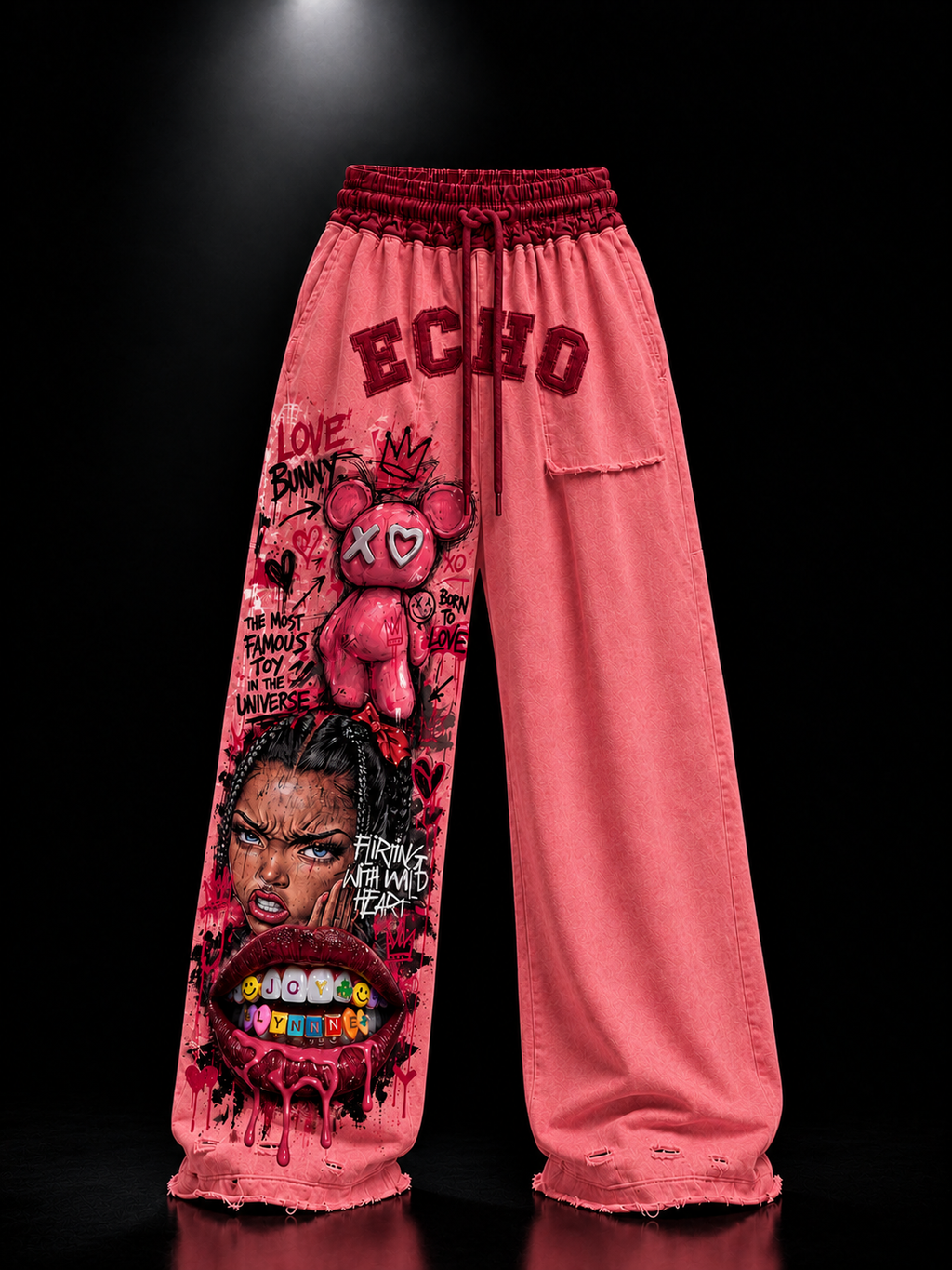 ECHOTICKS Red Streetwear Graphic Print Statement Pants