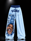 ECHOTICKS Blue Streetwear Graphic Print Statement Pants