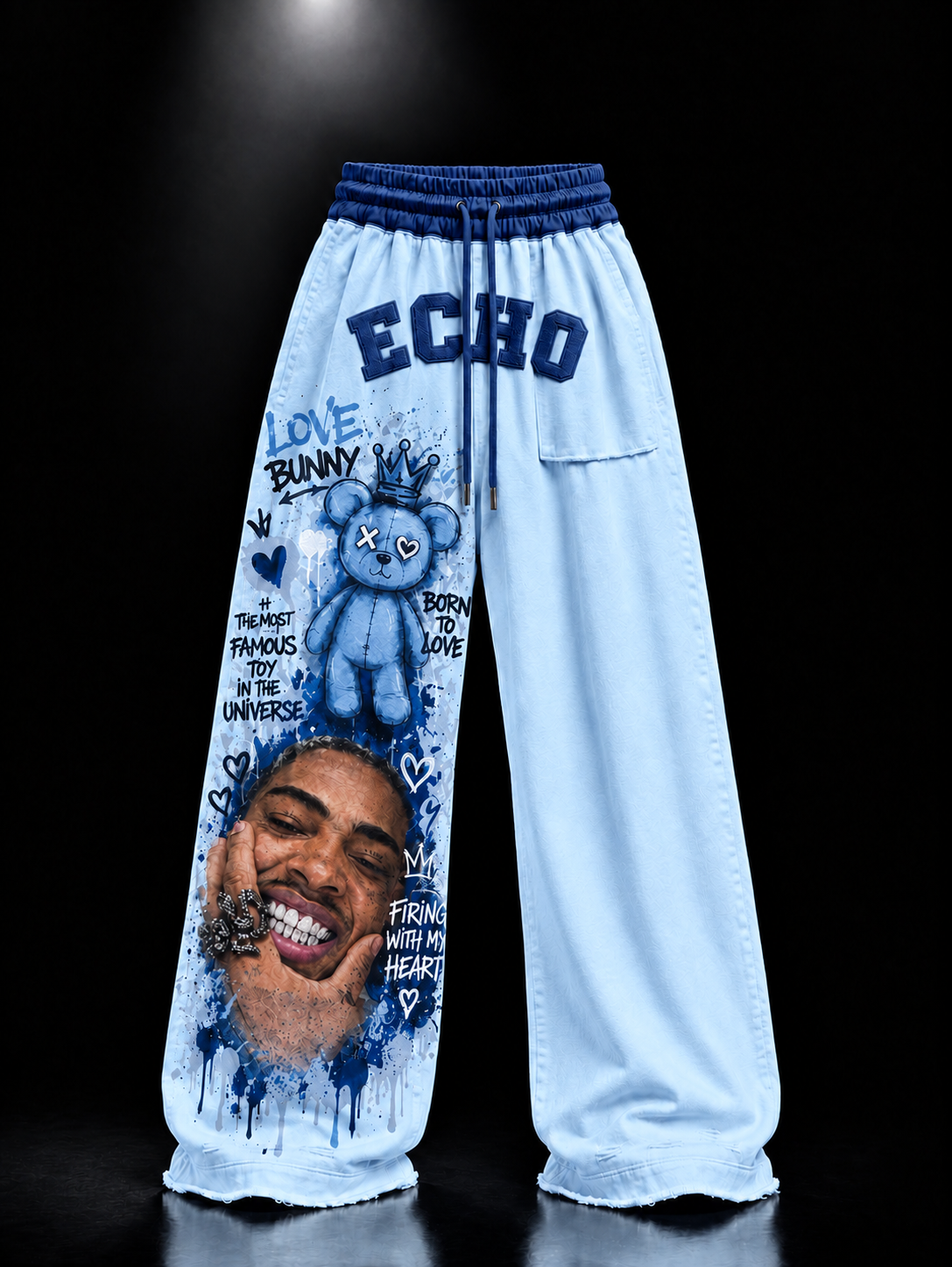 ECHOTICKS Blue Streetwear Graphic Print Statement Pants