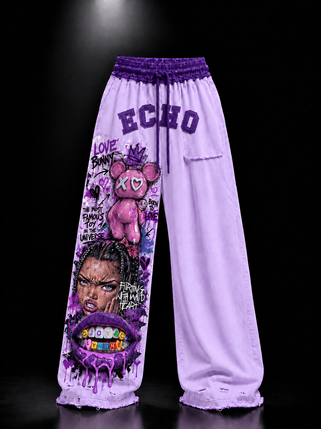 ECHOTICKS Purple Streetwear Graphic Print Statement Pants