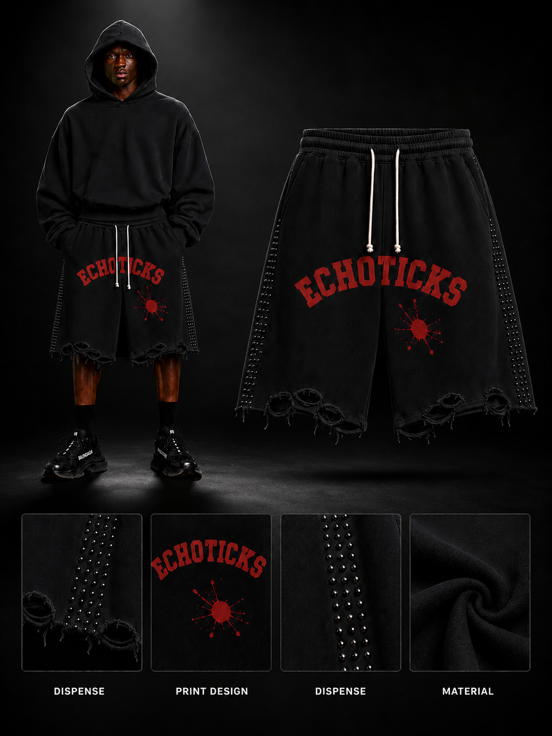 ECHOTICKS Studded Distressed Streetwear Shorts