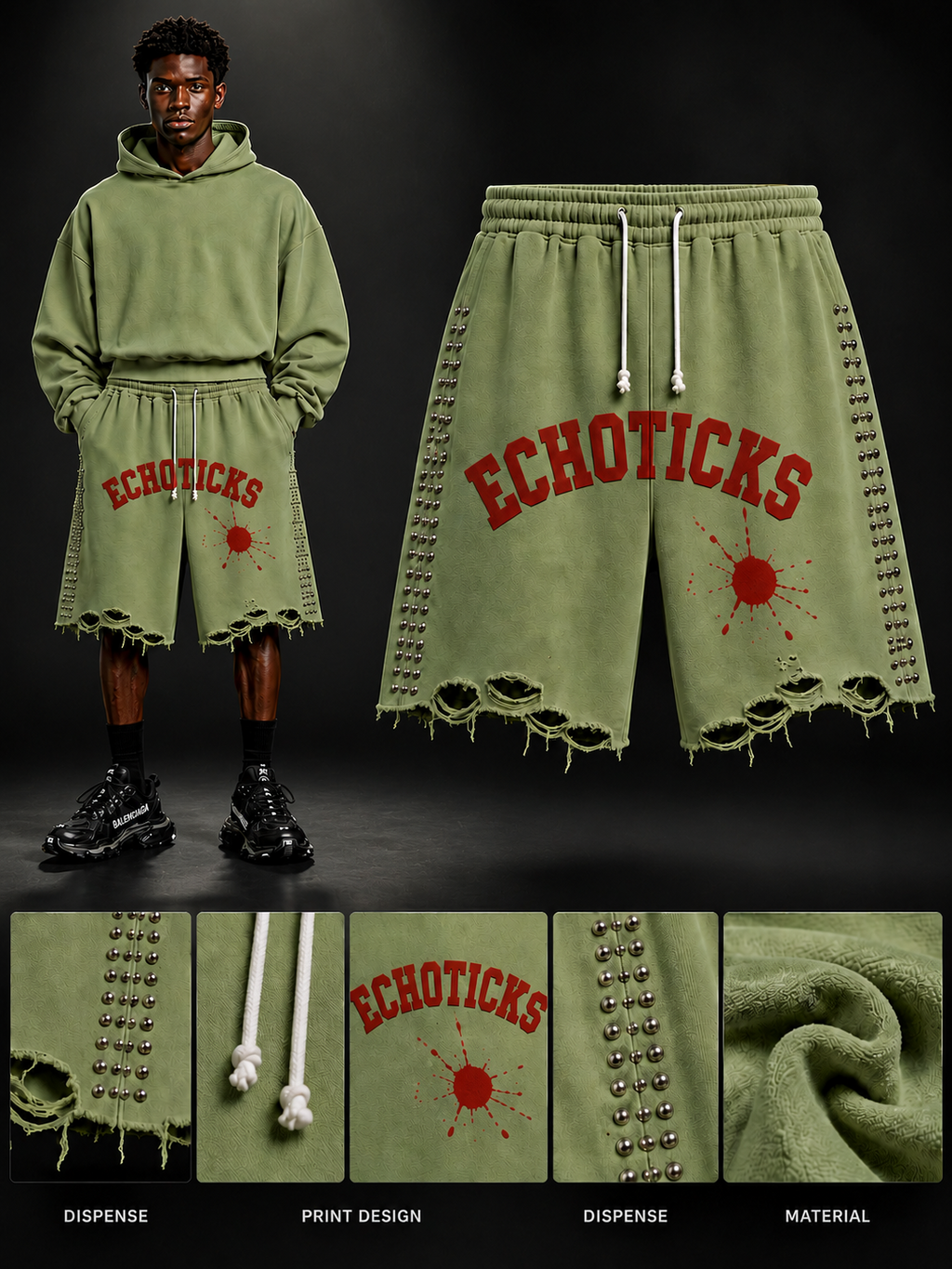 ECHOTICKS Studded Distressed Streetwear Shorts