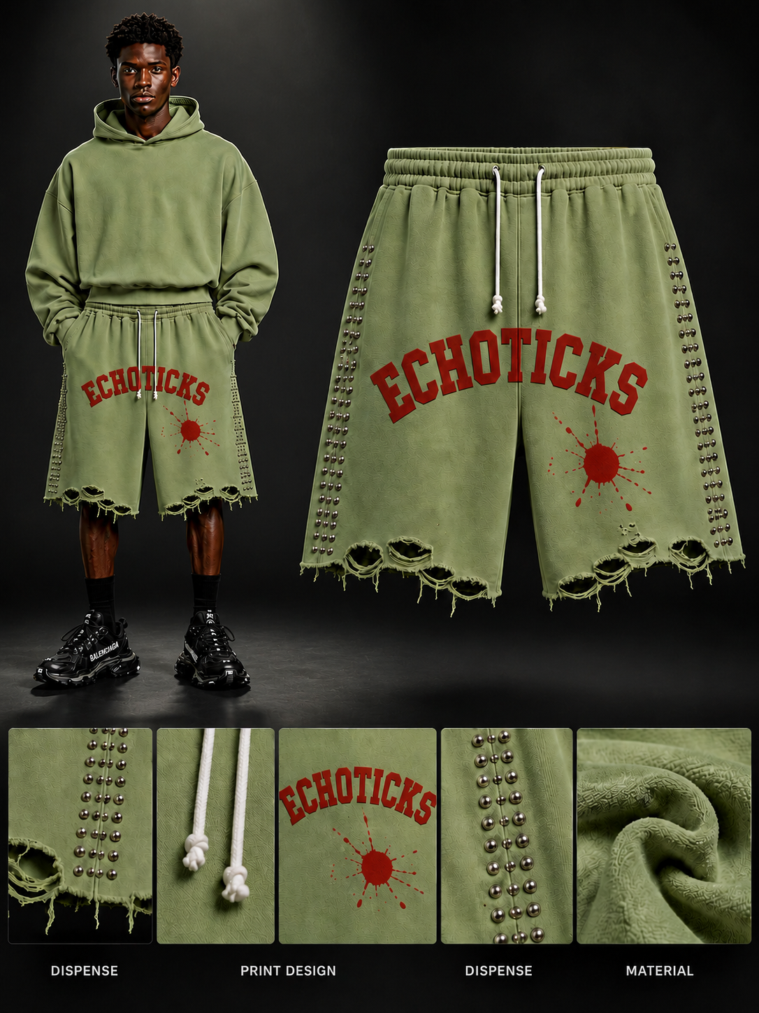 ECHOTICKS Studded Distressed Streetwear Shorts