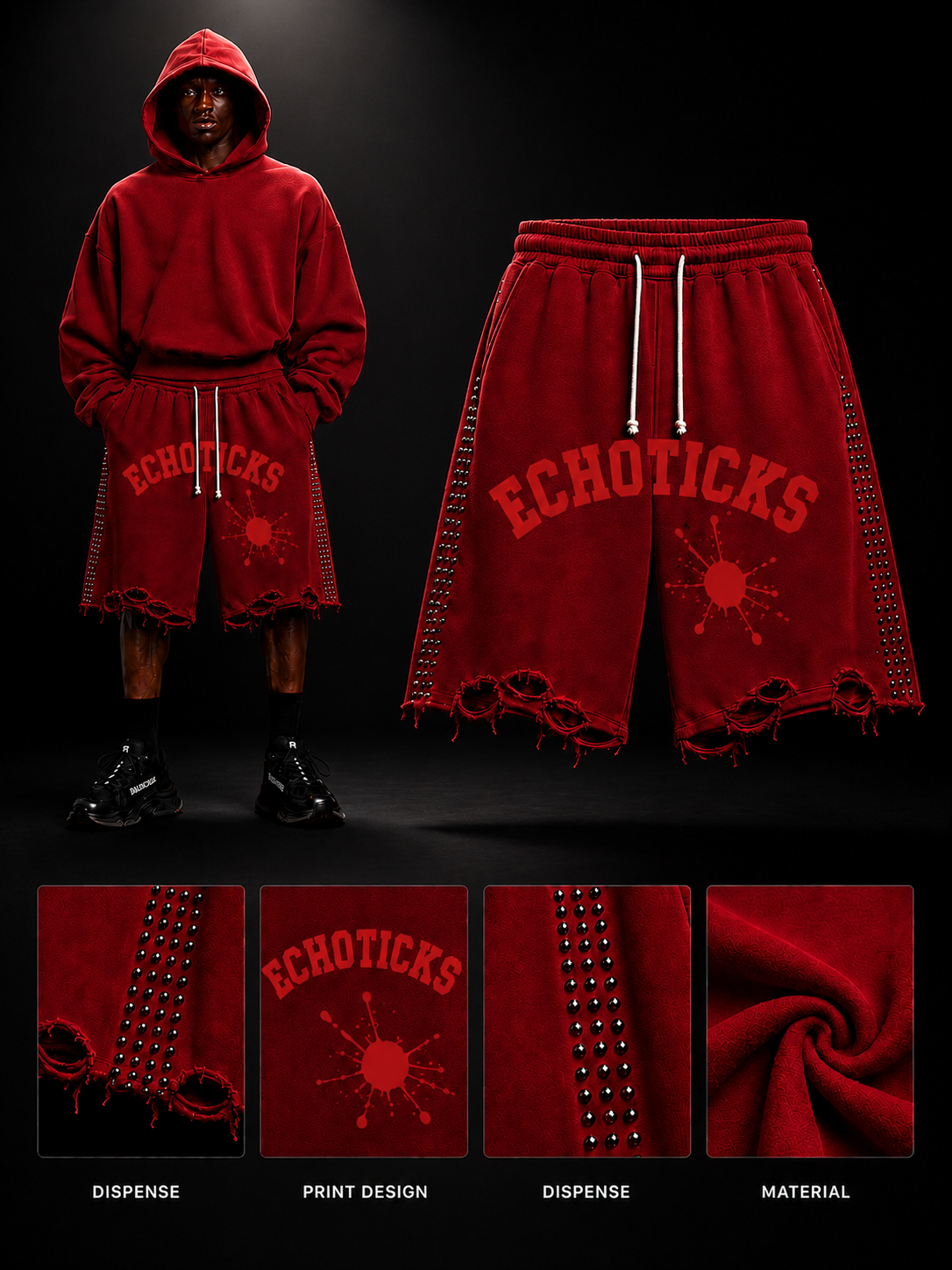 ECHOTICKS Studded Distressed Streetwear Shorts