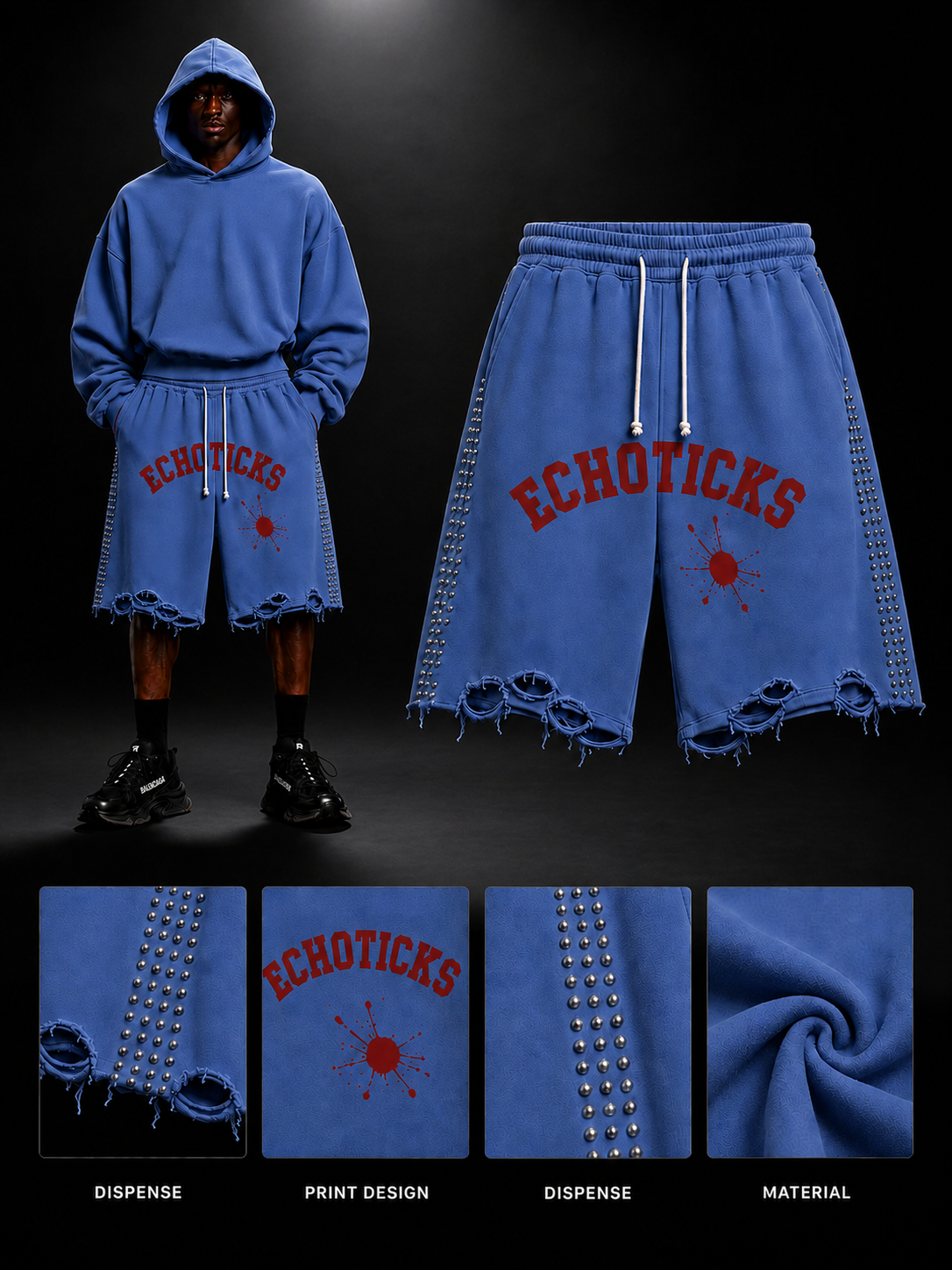 ECHOTICKS Studded Distressed Streetwear Short