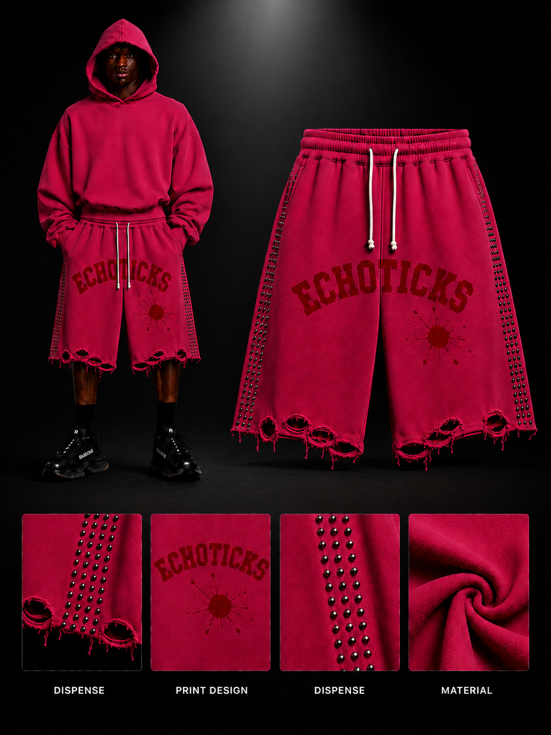 ECHOTICKS Studded Distreesd Streetwear Shorts