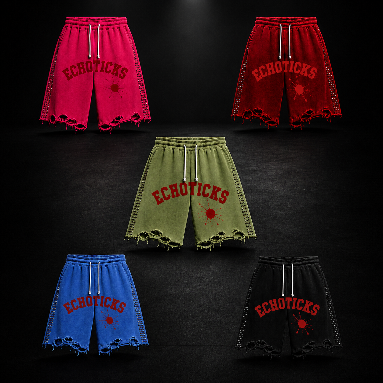 ECHOTICKS Studded Distreesd Streetwear Shorts